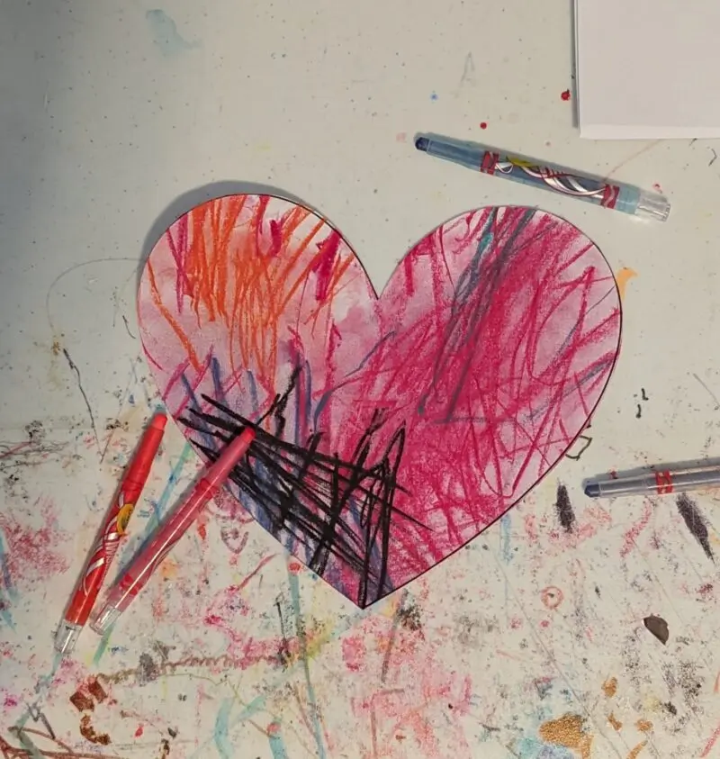 An expressively coloured heart. Explore feelings process emotions through art at TATS